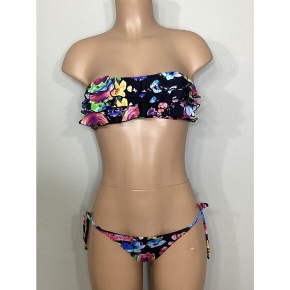 New. Pilyq floral ruffle and string bandeau bikini. - Picture 2 of 8